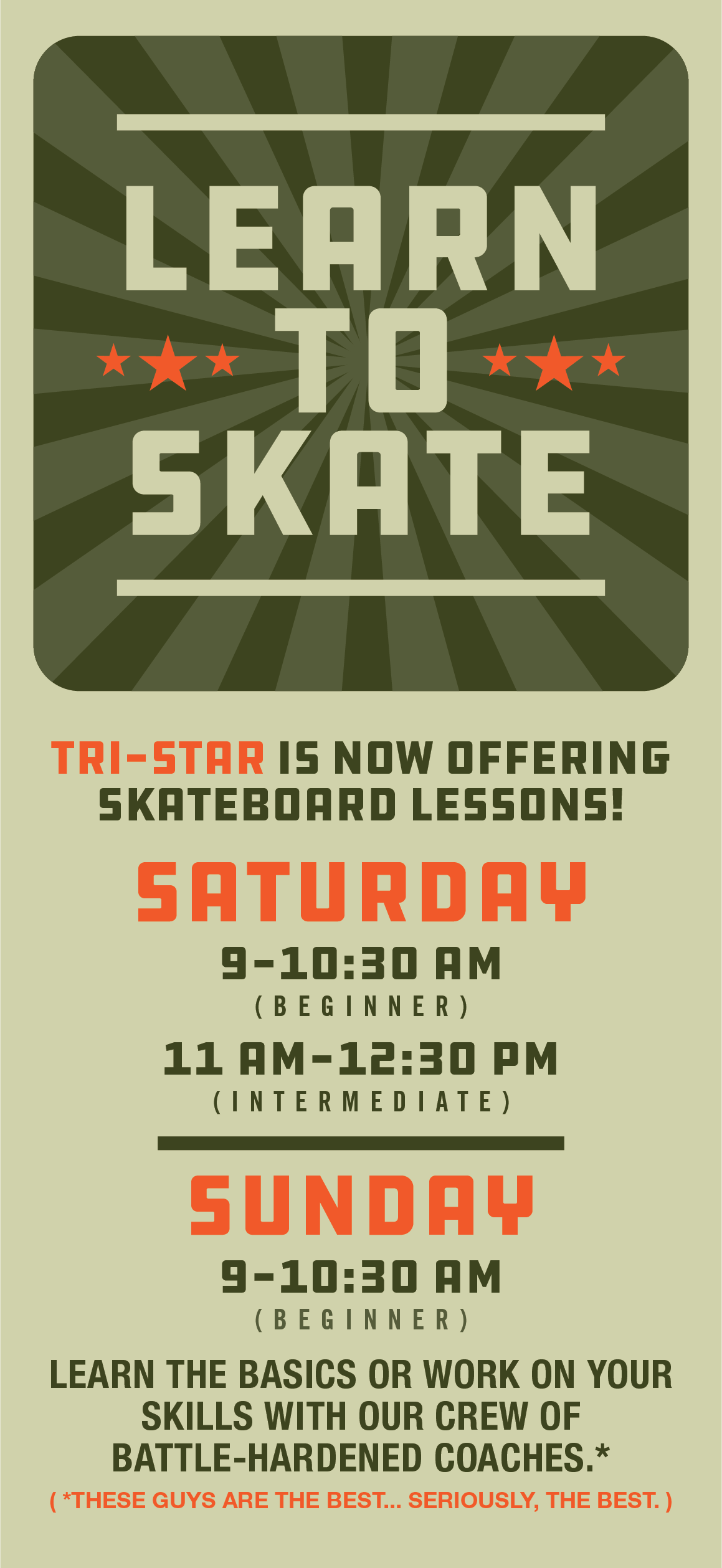 Flyer for skateboard lessons in Cleveland Ohio at Tri Star Skatepark